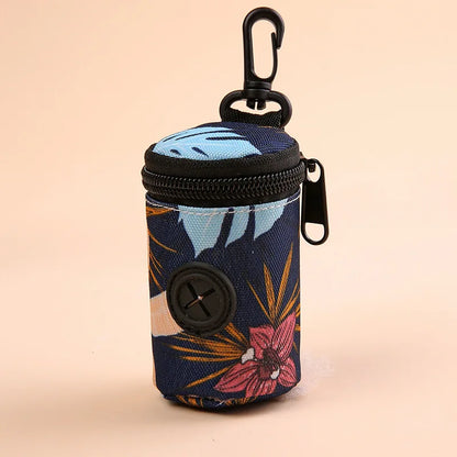 Floral print dog poop bag holder with zipper and clip for walks and travel