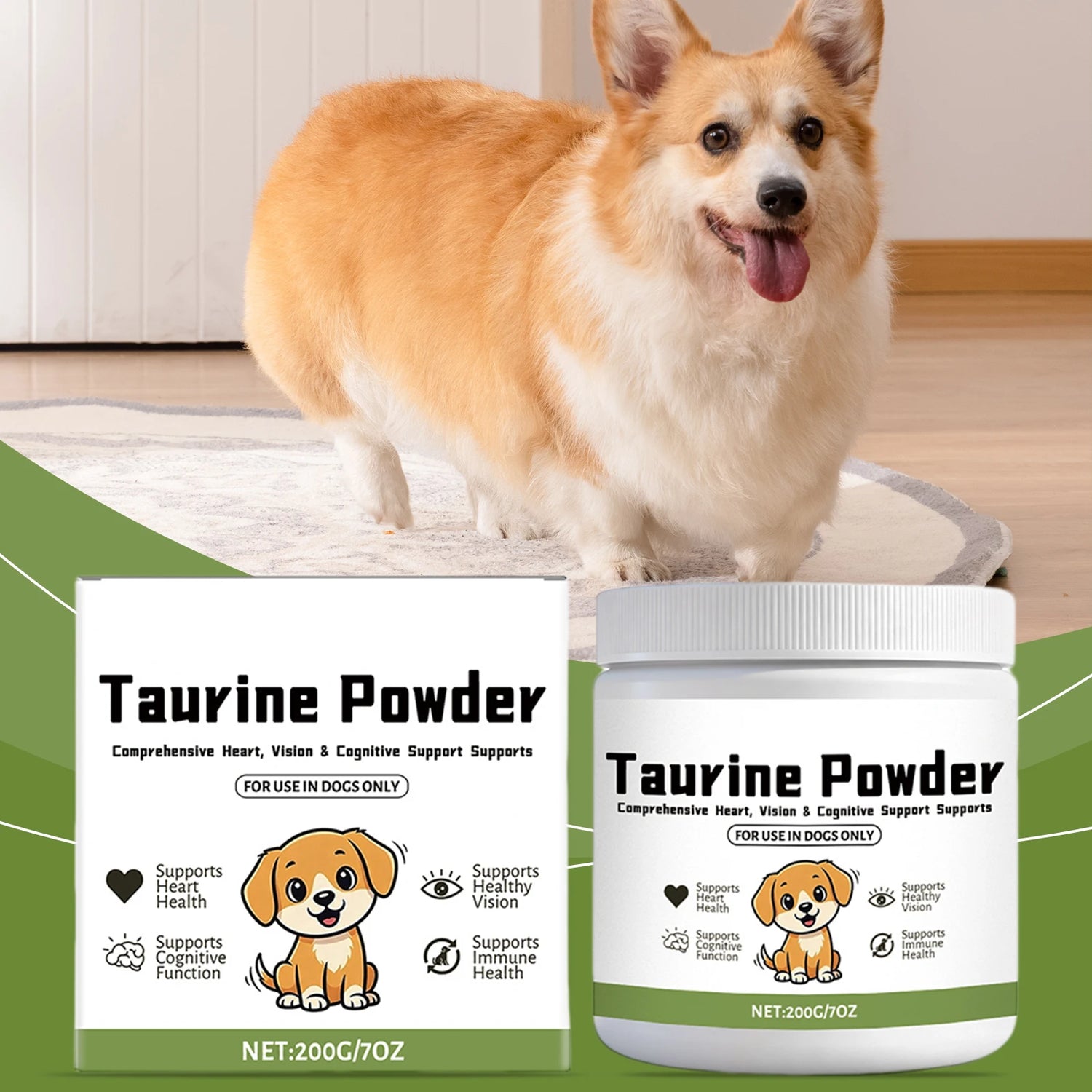 Corgi dog with taurine powder supplement for heart, vision, cognitive, and immune health