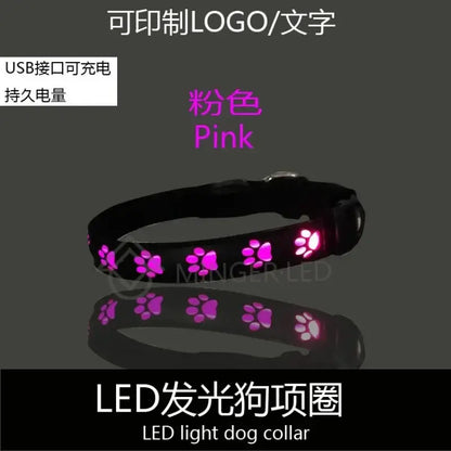 Pink luminous safety dog collar with LED paw print lights, USB rechargeable nylon breakaway collar for anti-lost pet walking safety