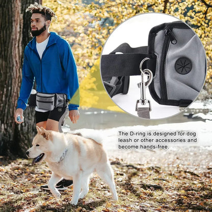Man walking dog outdoors with a hands-free dog walking waist bag and leash attachment.