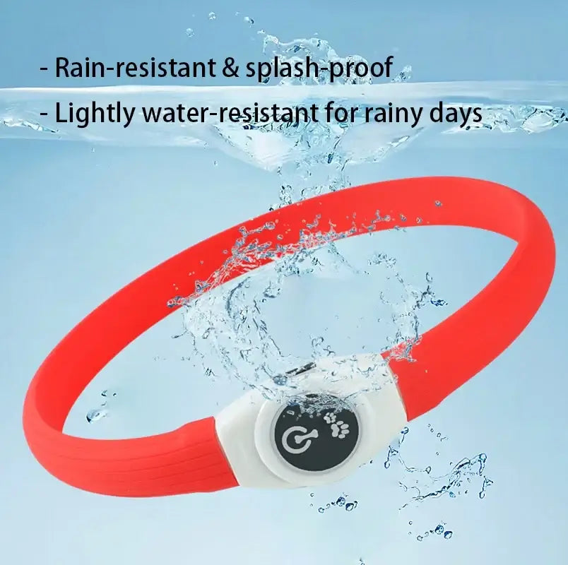 Waterproof LED dog collar with USB charging, bright red glow, rain-resistant design for large, medium, and small dogs