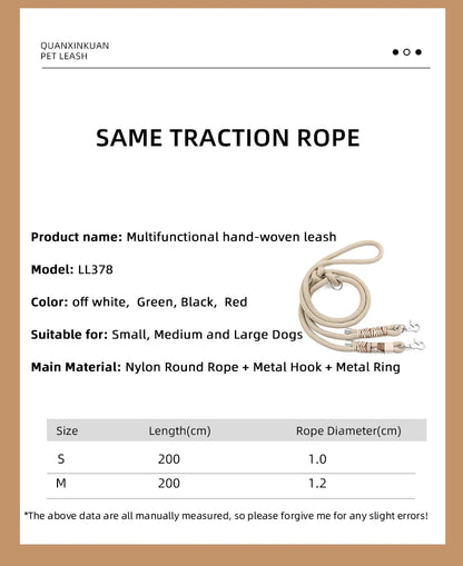 hands free dog leash for medium and large dogs, solid color braided nylon traction rope with double buckle