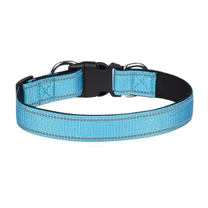 Adjustable blue nylon dog collar with black buckle and reflective stitching