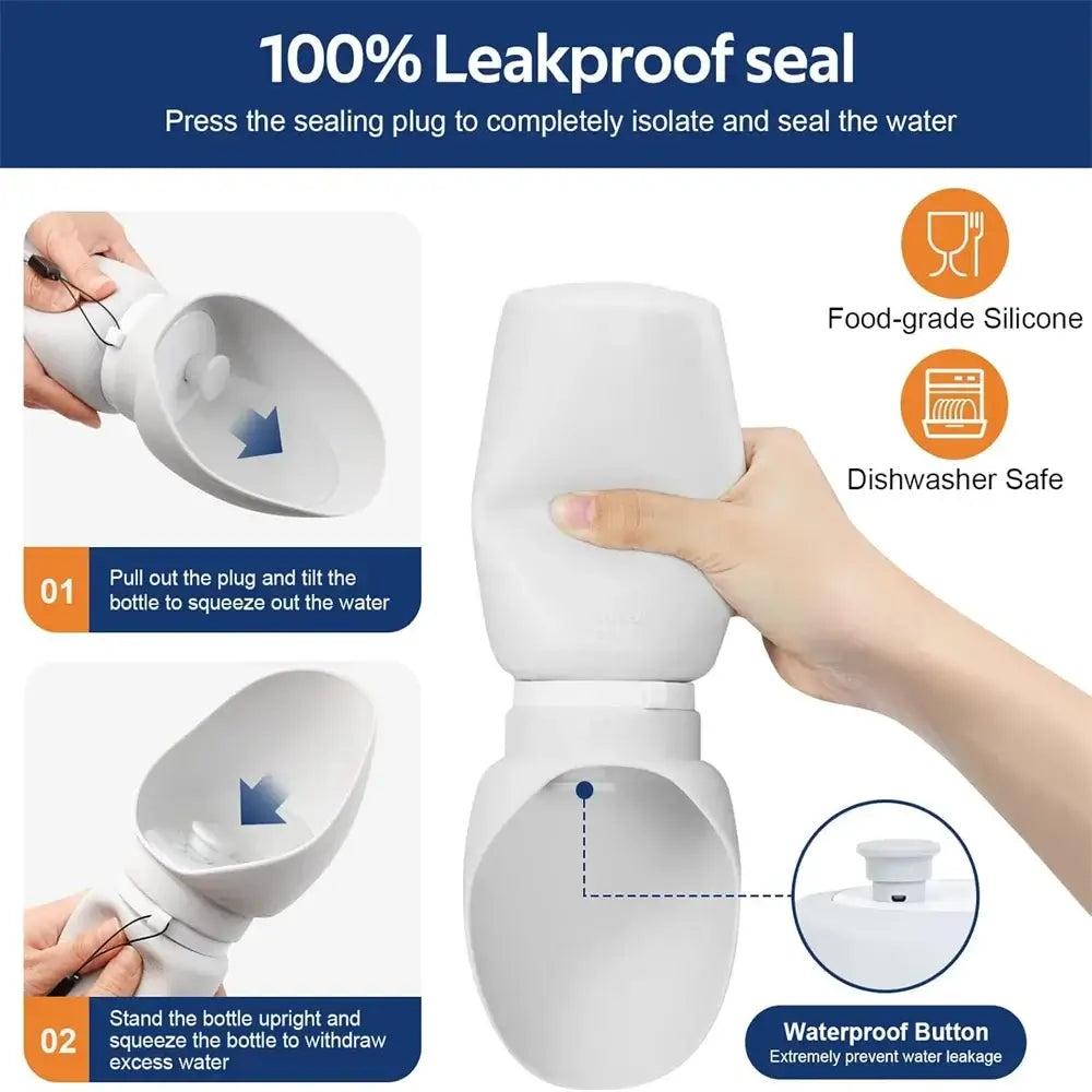 Portable dog water bottle with 100% leakproof seal, foldable silicone design, food-grade, dishwasher safe, easy to use