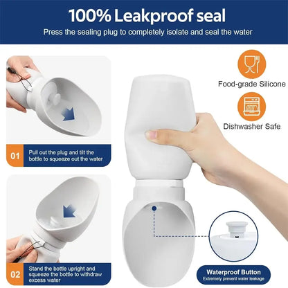 Portable dog water bottle with 100% leakproof seal, foldable silicone design, food-grade, dishwasher safe, easy to use