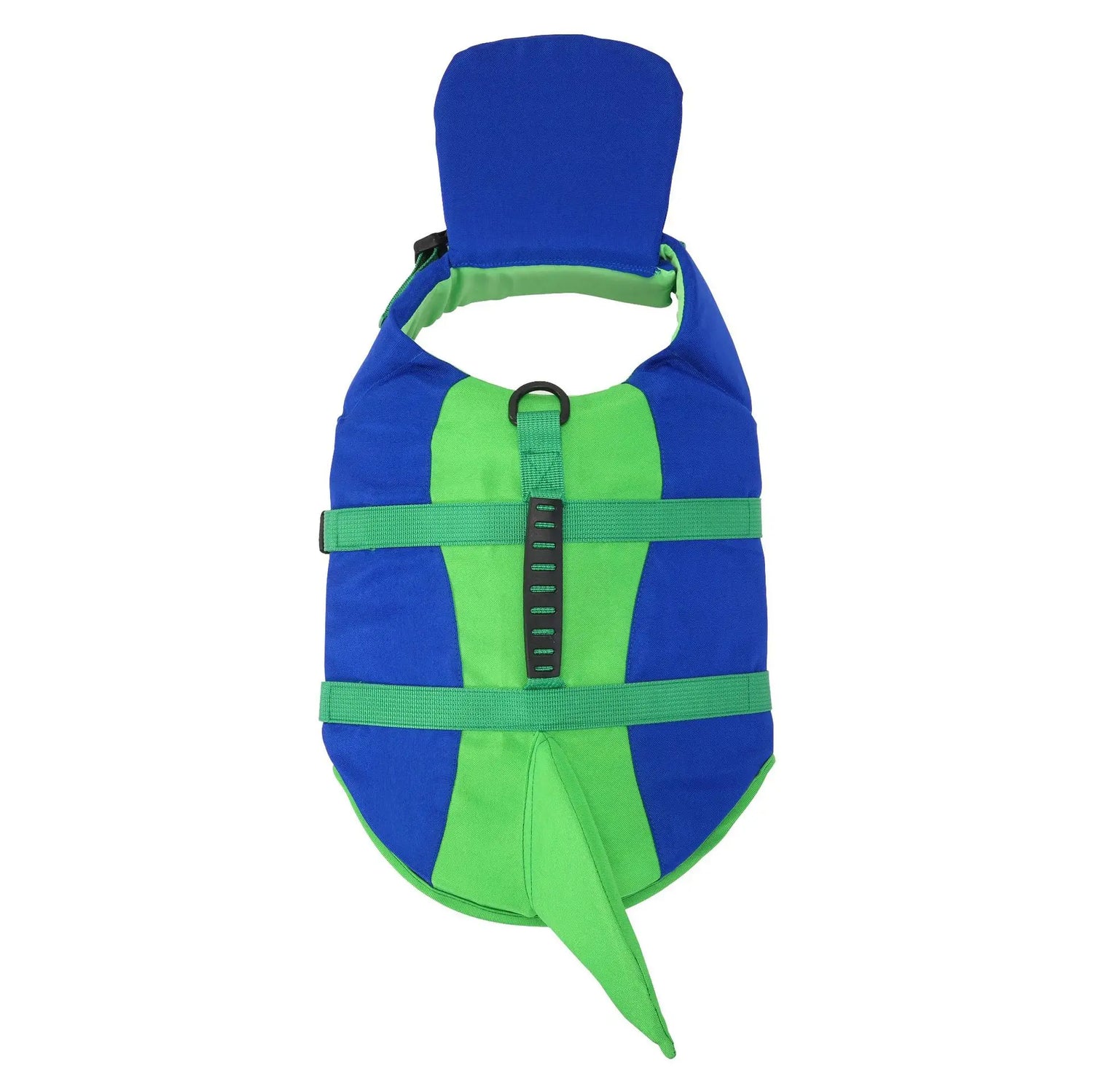 Blue-green dog life jacket with reflective straps, reinforced handle, and Velcro fit for safe swimming and boating