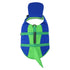 Blue-green dog life jacket with reflective straps, reinforced handle, and Velcro fit for safe swimming and boating