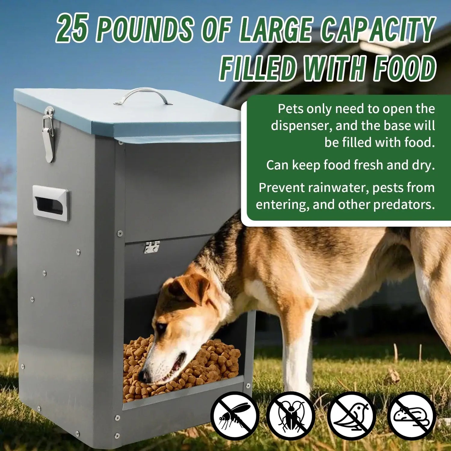 automatic dog feeder with 25-pound large-capacity galvanized metal food dispenser for outdoor use