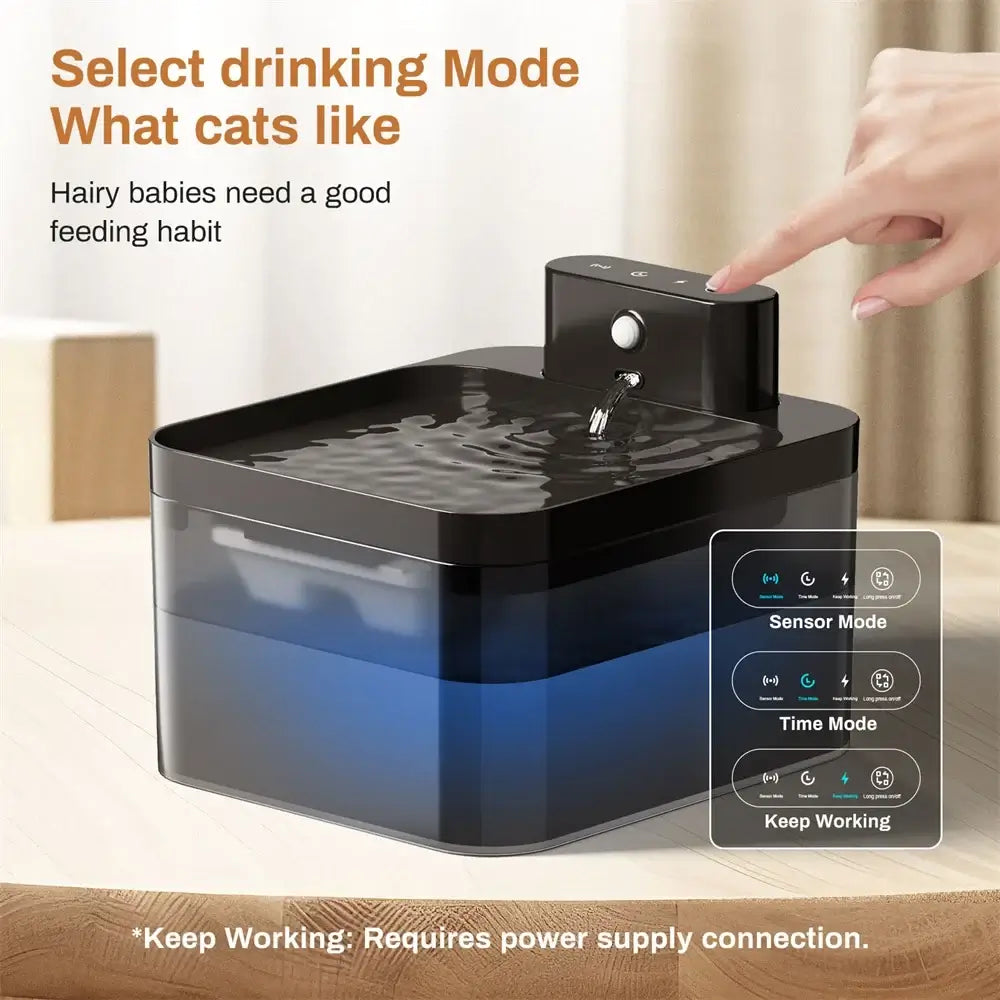 automatic cat water fountain with sensor mode and time mode, 2.2L wireless pet water dispenser for cats and dogs