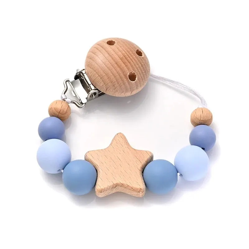 wooden pacifier clip teether with wood pentagram, blue silicone round beads, Color 4, for baby teething and soothing