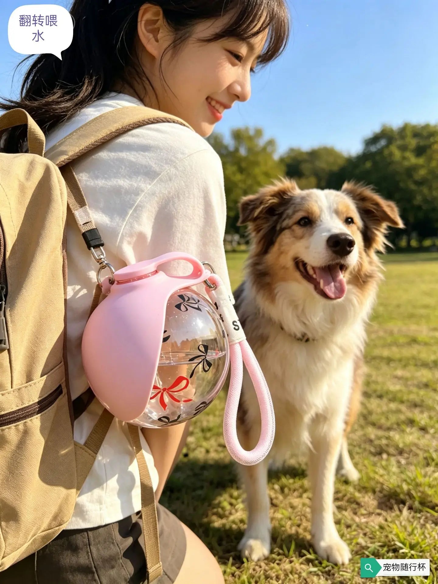 Portable dog water bottle for outdoor walks, pink leak-proof pet dispenser with handle, used beside a dog in the park
