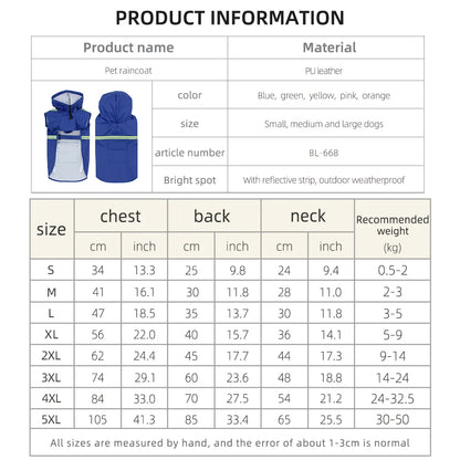 Large Dog Raincoat Corgi Cloak Style Puppy Waterproof Dog Clothes Reflective Pet Windproof Rainproof Hooded Raincoat for Dog - Size Chart and Material Info