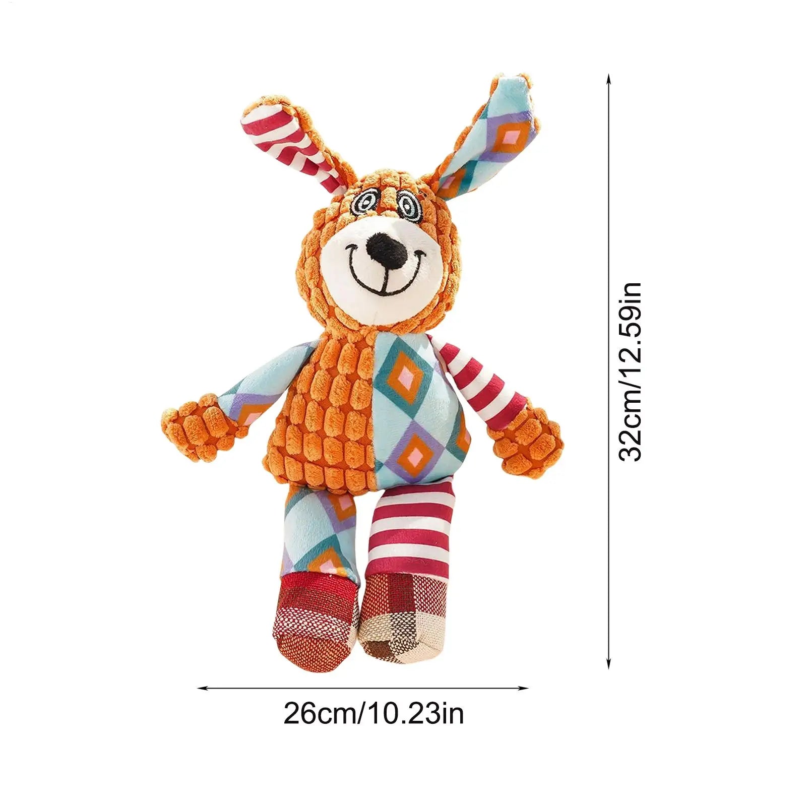 Colorful plush dog toy with long ears, geometric patterns, and size dimensions 32x26cm