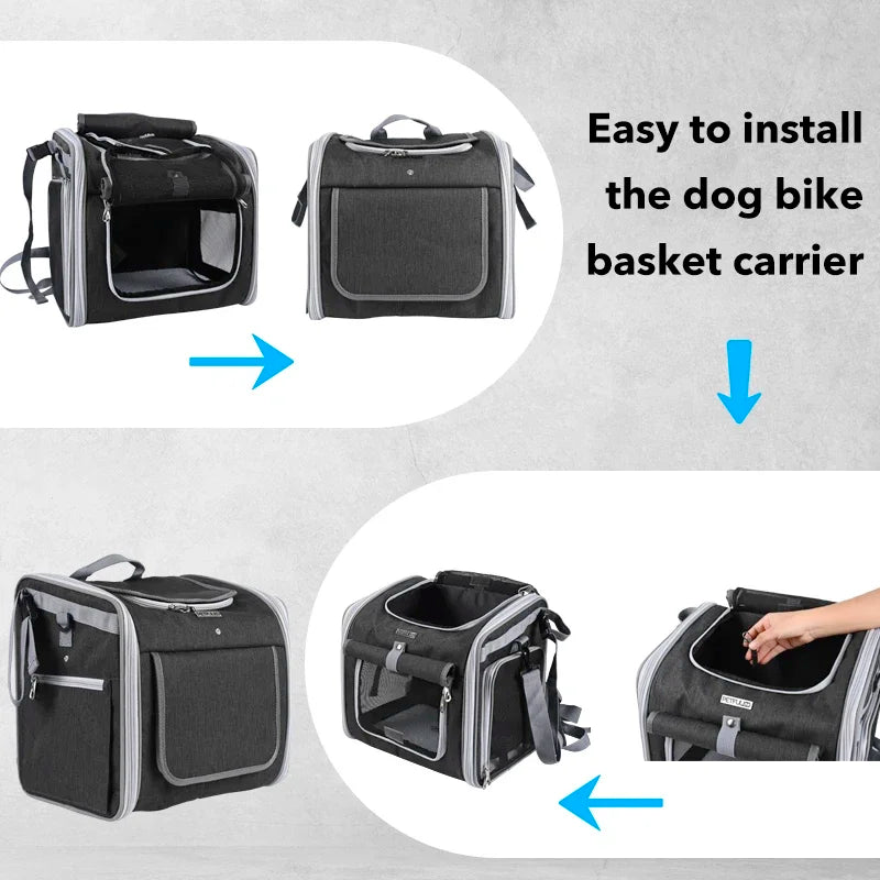 Dog or Cat Bike Basket, Expandable Soft Sided Pet Carrier Backpack with 4 Open Doors, Foldable Dog Bike Carrier