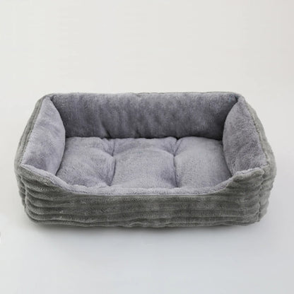Gray plush calming dog bed for small to medium pets, soft square kennel sofa with raised sides and cushion comfort