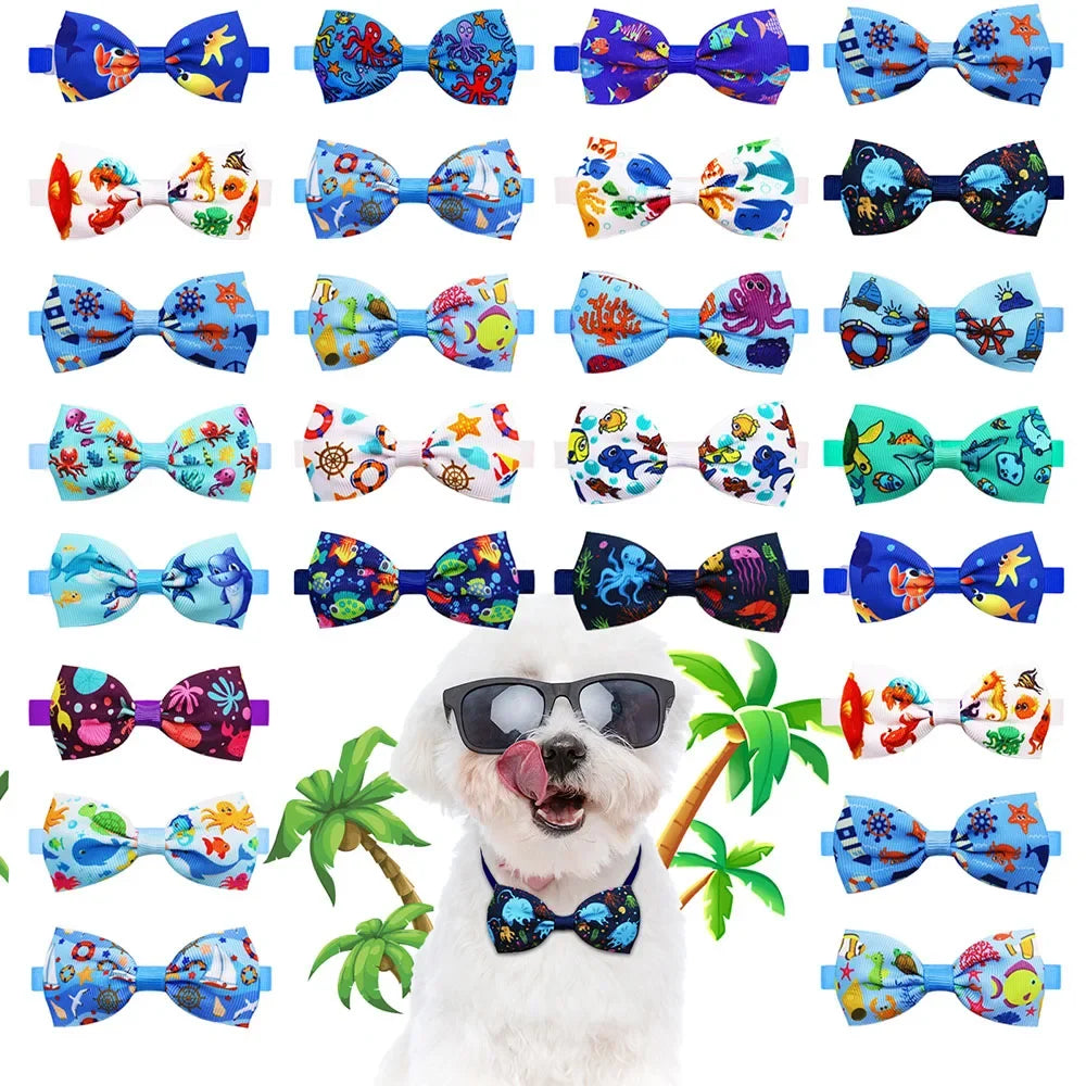 50pcs Pet Dog Grooming Small Dog Bowtis Pet Bowknot For Dogs Pets Bow Tie Neckties Dog Grooming Accessories displayed on a dog.