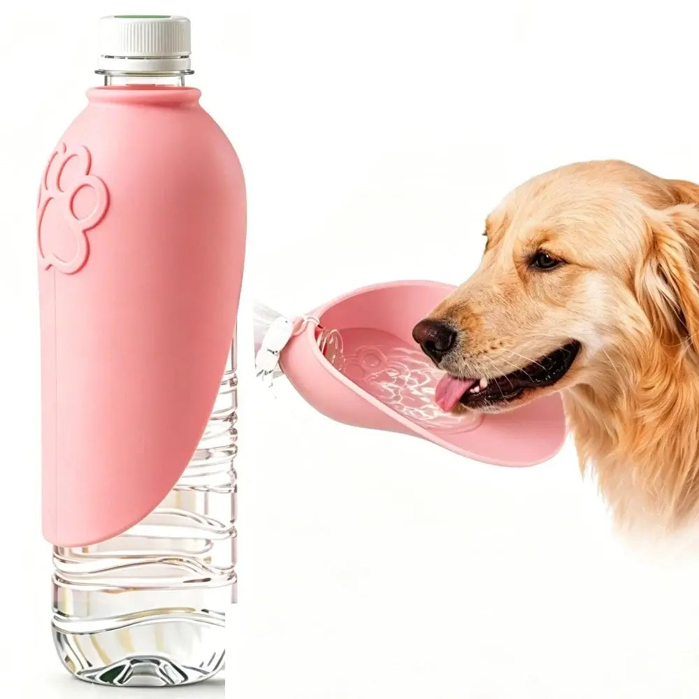 Pink portable dog water bottle with leak-proof dispenser bowl for outdoor walks, hikes, travel, 5pcs set