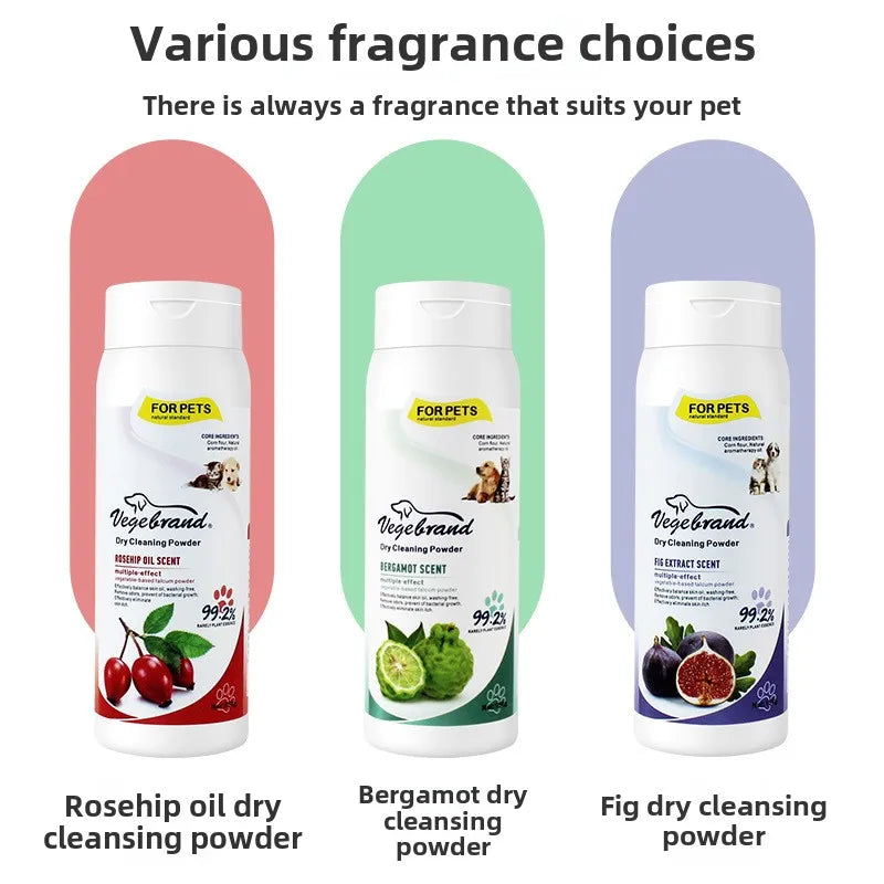 pet dry shampoo powder for dogs and s in rosehip oil, bergamot, and fig fragrance options for waterless odor elimination