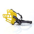 Yellow basket dog muzzle with adjustable black straps on white background
