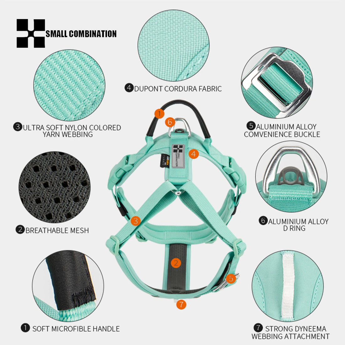 reflective no pull dog harness set for large dogs with padded Cordura, breathable mesh, and aluminum alloy buckle
