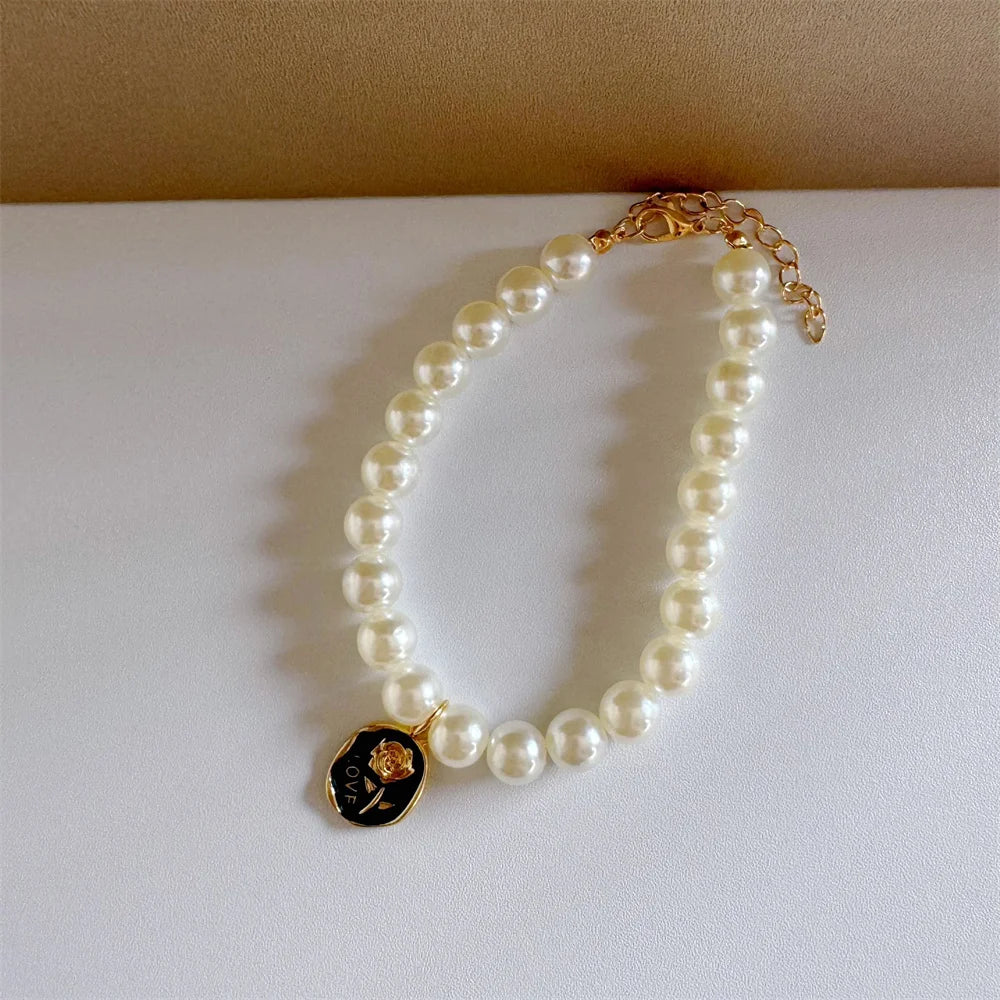 pet pearl necklace collar luxury white pearl beaded dog and cat accessory with gold buckle, color 5