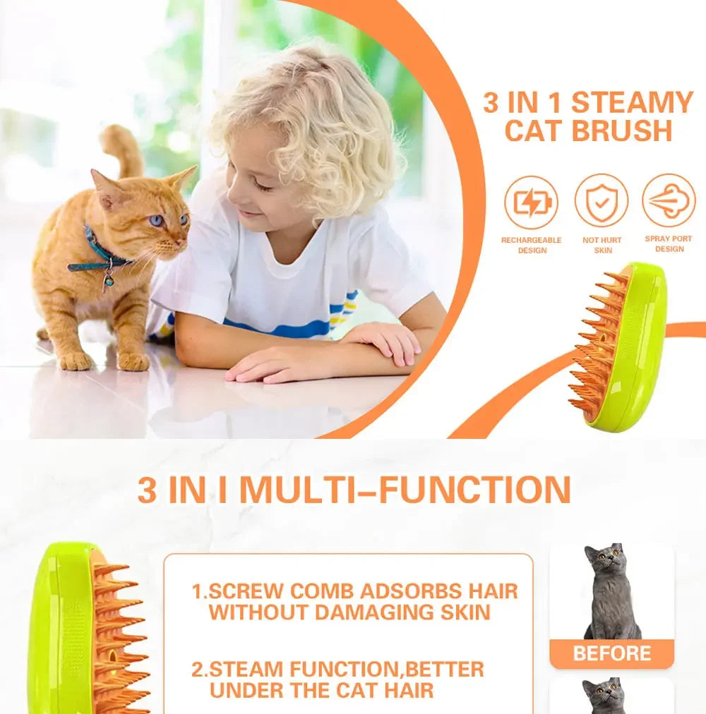 Pet steam grooming brush 3 in 1 steamy cat brush for massage, shedding, and gentle hair removal