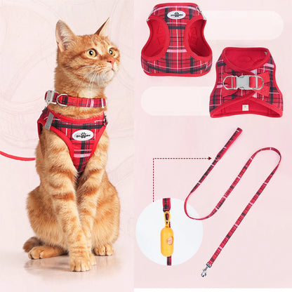 Plaid pet leash set for cats and dogs with harness, collar, and matching leash in red plaid