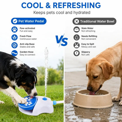 step-on dog water fountain for outdoor pets with hose, paw-activated garden sprinkler dispenser and cool hydration