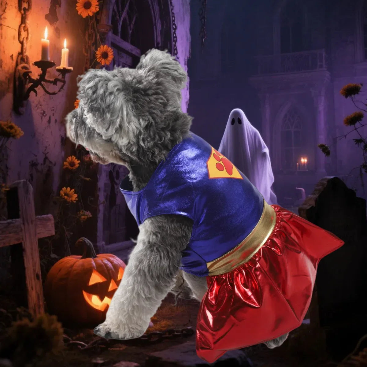 Dog in superhero costume with paw print cape in a spooky Halloween setting with jack-o’-lantern
