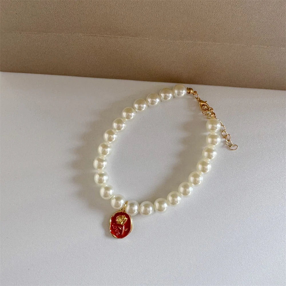 pet pearl necklace collar white pearl dog and cat accessory with red charm, gold clasp, luxury pet collar