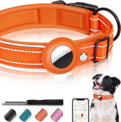 Orange reflective dog collar with GPS tracker, screwdriver, multiple color options, and Border Collie wearing collar.