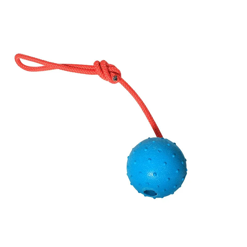 Blue rubber dog ball toy with red rope for fetch and tug play, isolated on white background.