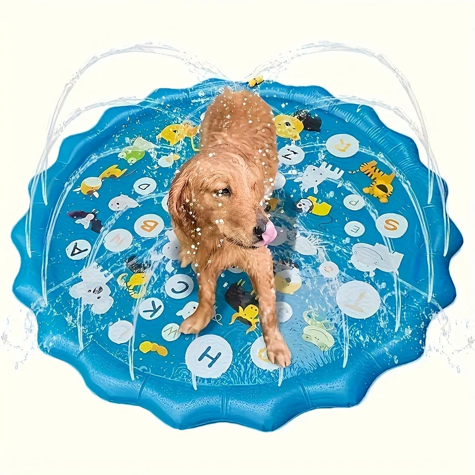 Golden retriever playing in a blue splash pad dog pool with water sprinklers and animal print