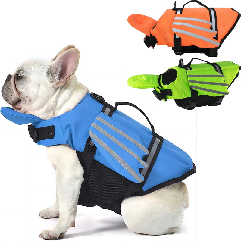reflective adjustable dog life jacket for large dogs, enhanced buoyancy swimwear vest in blue, orange, and green