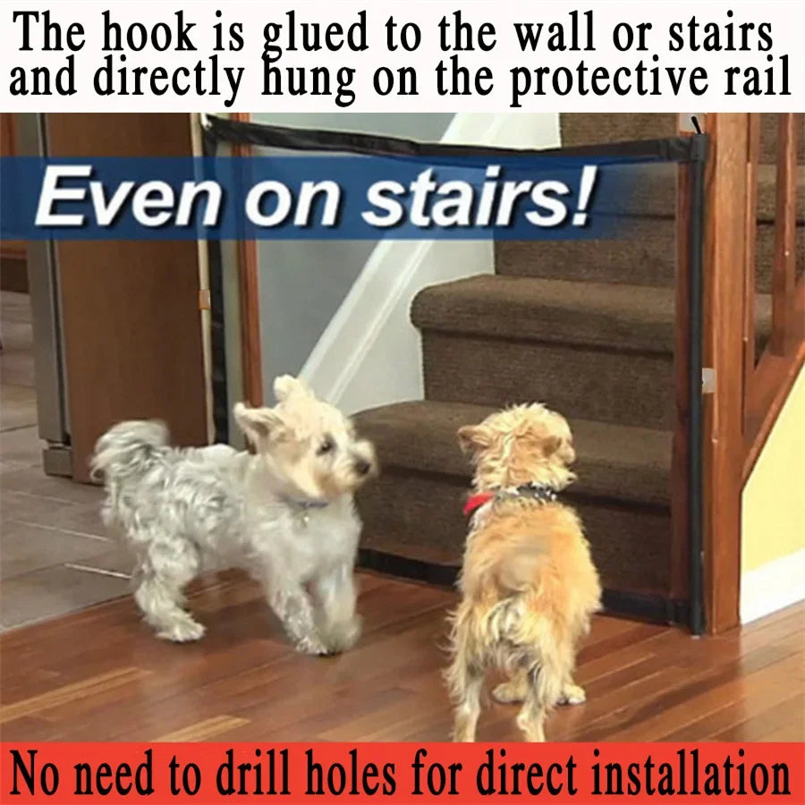Heavy Duty Dog Barrier Fence with Hooks Insulated Net Foldable Breathable Mesh Mirror Door Pet Security Gate for Indoor Outdoor with adhesive hook on stairs.