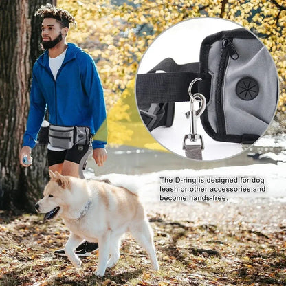 Man walking dog outdoors with a hands-free waist bag featuring a D-ring for dog leash.