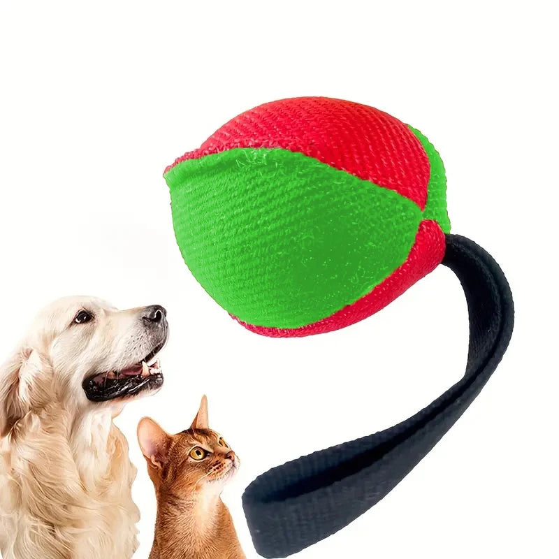 Green and red dog tug toy with handle, shown with a golden retriever and a cat