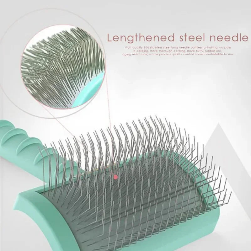 Close-up of a pet grooming brush with lengthened stainless steel needles and green handle