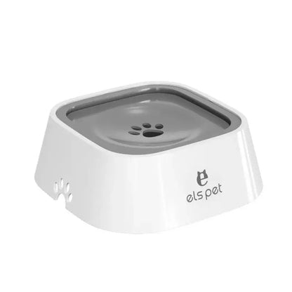 Grey no-spill dog water bowl with 1L capacity, splash-proof slow feeder dish for dogs, white plastic pet bowl