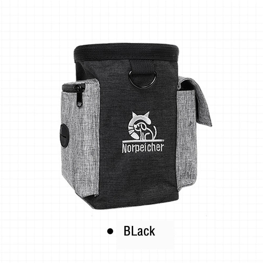 Black dog treat pouch with Norpeicher logo, side pockets, and D-ring, pet training accessory