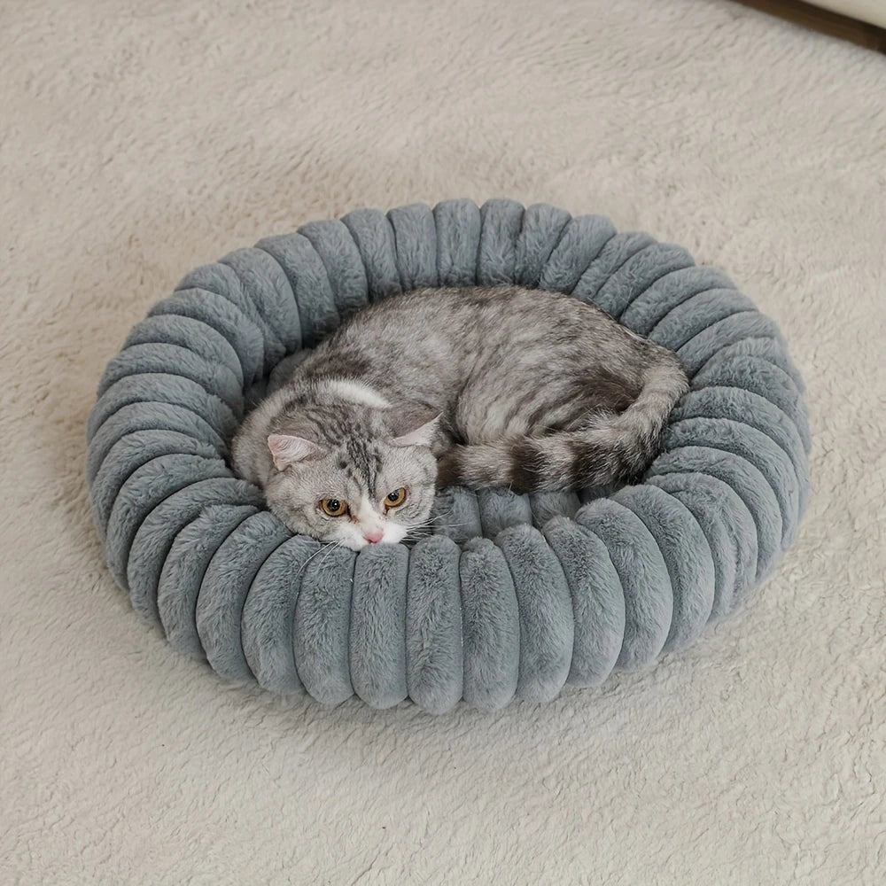 Grey plush donut cat bed with ultra soft raised bolster, cozy warm nest for small medium cats and dogs