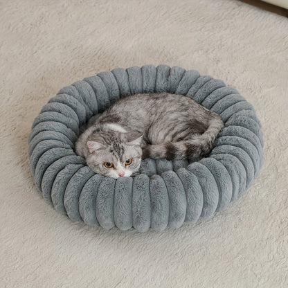 Grey plush donut cat bed with ultra soft raised bolster, cozy warm nest for small medium cats and dogs