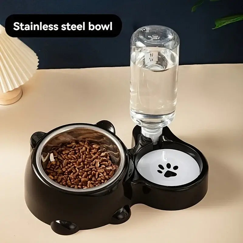 automatic pet feeder and water dispenser black stainless steel bowl 15% tilt, no battery, China Mainland