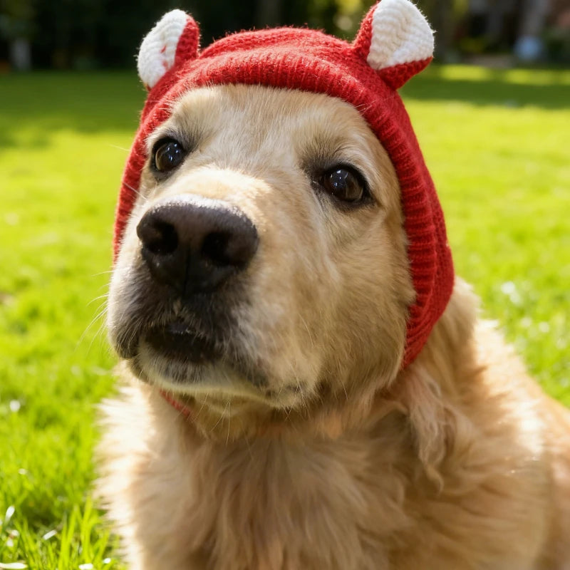 Golden retriever dog wearing a red knit hat with white ears in a sunny grassy park