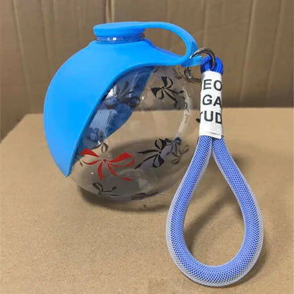 portable dog water bottle blue leak-proof spherical pet drinking fountain with lanyard for dogs and cats