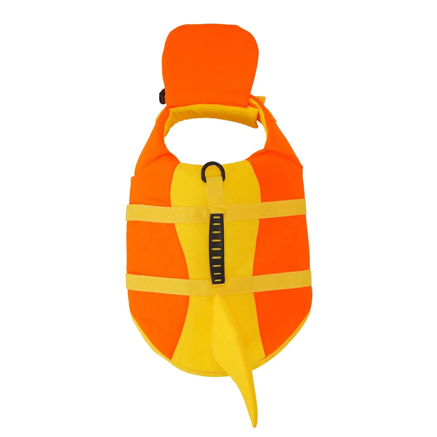 Orange-yellow dog life jacket with reflective straps, reinforced handle, and Velcro closure for safe swimming and buoyancy