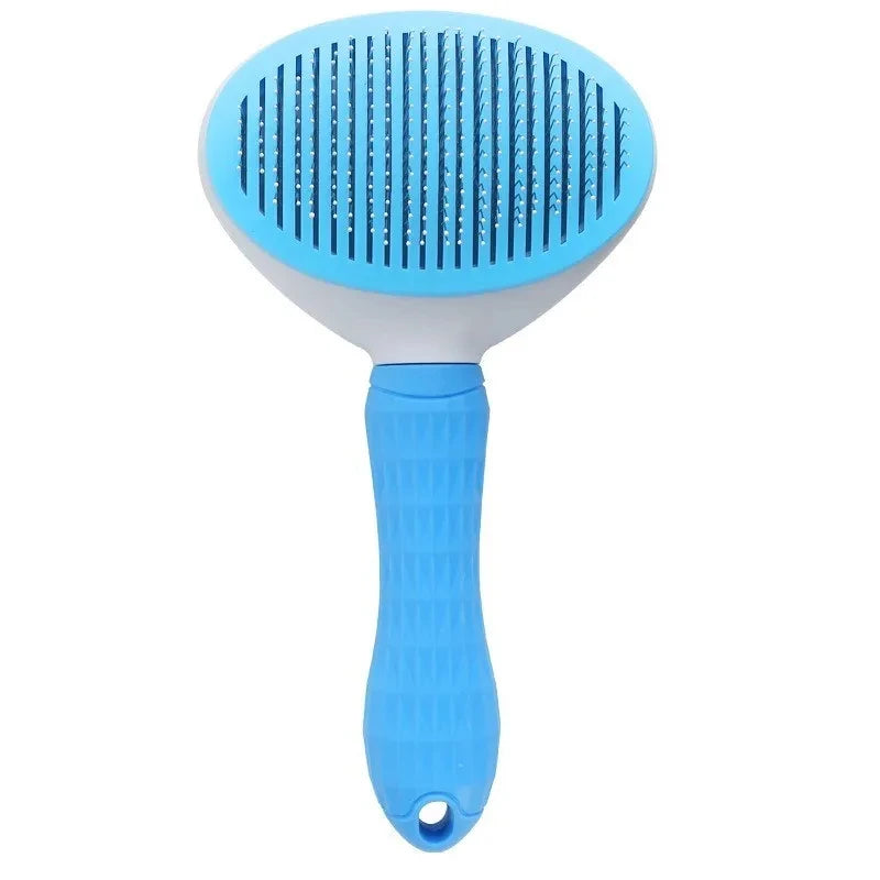 self cleaning pet grooming brush for dogs and cats, blue ergonomic deshedding comb for removing loose hair and tangles