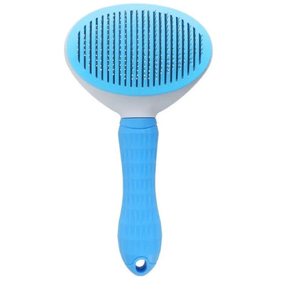 self cleaning pet grooming brush for dogs and cats, blue ergonomic deshedding comb for removing loose hair and tangles