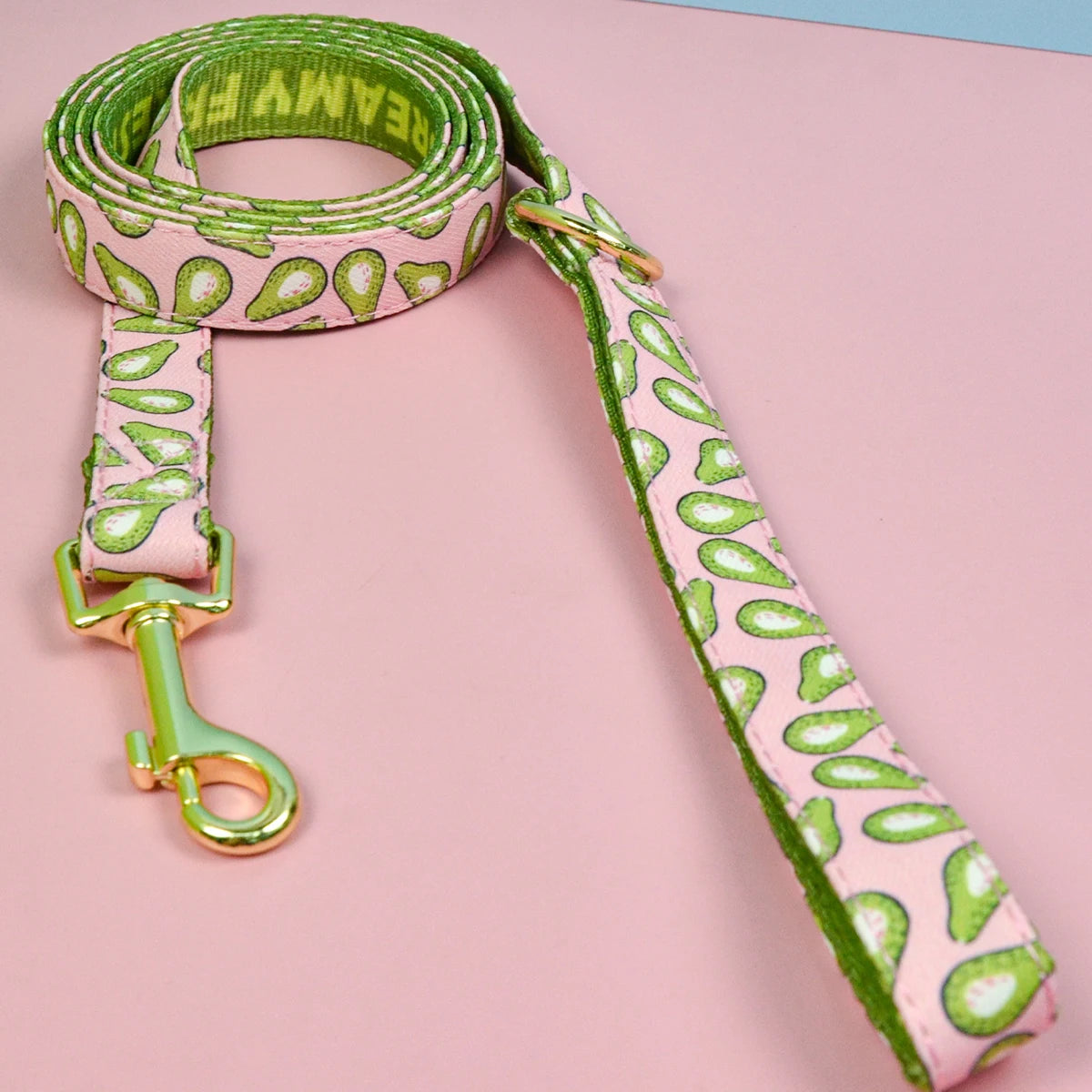 Cute adjustable dog harness and leash set with green avocado print, pink luxury designer style pet leash for dogs