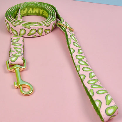 Cute adjustable dog harness and leash set with green avocado print, pink luxury designer style pet leash for dogs